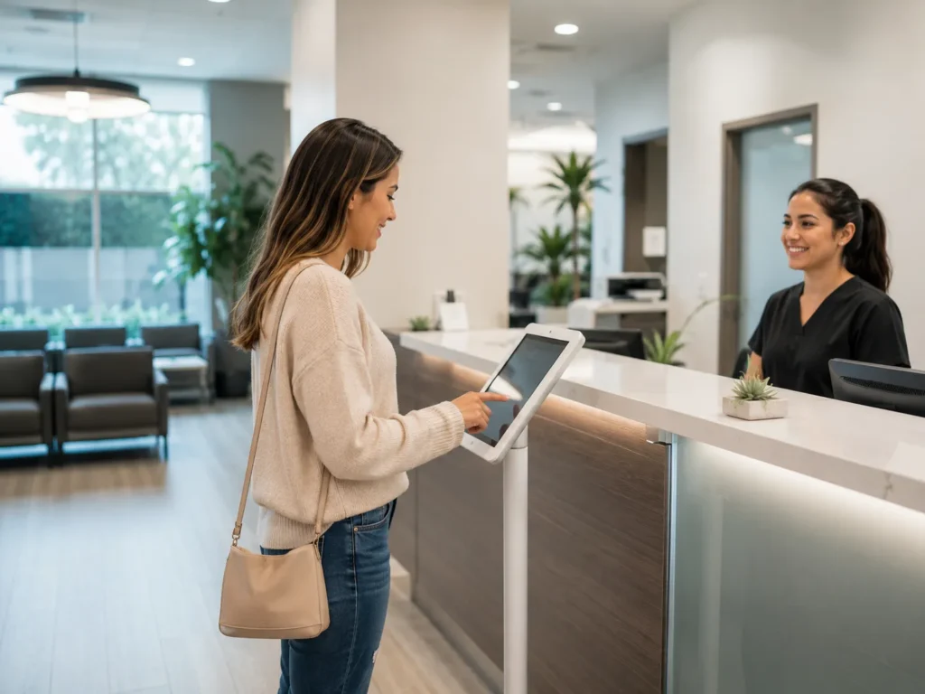 woman talking to lab front desk personel