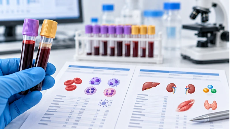 Scientist holding two blood sample vials over printed diagnostic lab reports showing blood cell and organ diagrams.