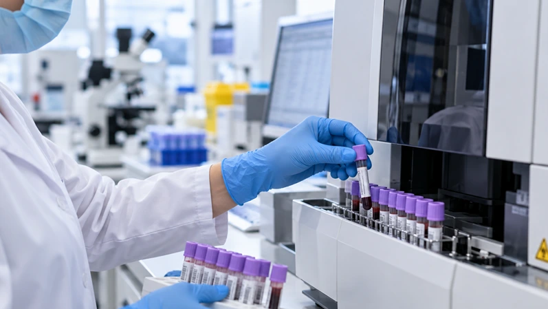 Close-up of a clinical laboratory scientist placing lavender-top blood collection tubes into an automated hematology analyzer in a bright, modern lab, no text overlay