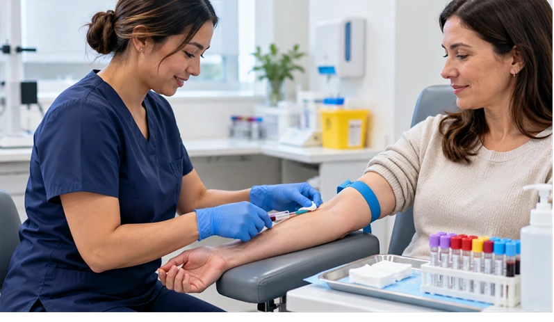 Friendly phlebotomist in scrubs drawing blood from a relaxed adult patient's arm at a clean outpatient draw station, several labeled collection tubes on a tray nearby, no text overlay